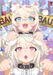 Rule 34 | 2girls, :3, absurdres, animal ear fluff, animal ears, bandaid, bandaid hair ornament, belt, belt collar, black collar, blonde hair, blue brooch, blue eyes, blue hair, bone, collar, colored inner animal ears, cropped shirt, crystal horns, dog ears, dog girl, fang, fuwawa abyssgard, fuwawa abyssgard (1st costume), hair ornament, hairband, haruto (82886106), headband, highres, holoadvent, hololive, hololive english, long hair, looking at another, looking at viewer, looking up, mococo abyssgard, mococo abyssgard (1st costume), multicolored hair, multiple girls, nail polish, open mouth, paw pose, perroccino (fuwamoco), pink belt, pink brooch, pink eyes, pink hair, pink hairband, pink headband, siblings, sisters, streaked hair, twins, virtual youtuber, x hair ornament