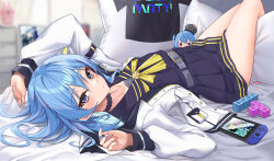 Rule 34 | 1girl, belt, blue eyes, blue hair, blurry, blurry background, closed mouth, from side, hololive, hoshimachi suisei, jacket, long hair, looking at viewer, lying, miniskirt, neck ribbon, nintendo switch, on back, pillow, pleated skirt, ribbon, sailor collar, shirt, skirt, solo, star (symbol), star in eye, stuffed toy, symbol in eye, tetris, thighs, virtual youtuber, white jacket, z.m. (zimin)