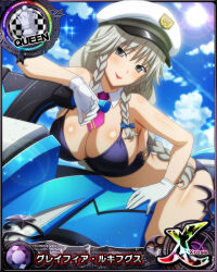 Rule 34 | 1girl, bikini, black bikini, blue bow, bow, braid, breasts, card (medium), chess piece, cleavage, detached collar, female focus, gloves, grayfia lucifuge, grey eyes, grey hair, hair bow, hat, high school dxd, jet ski, large breasts, lipstick, long hair, looking at viewer, makeup, matching hair/eyes, mature female, official art, queen (chess), red lips, smile, solo, swimsuit, twin braids, white gloves