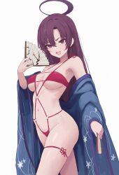 Rule 34 | 1girl, bare shoulders, bikini, blue archive, blush, breasts, eyeshadow, folded fan, folding fan, hair between eyes, halo, hand fan, haori, highres, holding, holding fan, japanese clothes, long hair, makeup, medium breasts, navel, open mouth, purple eyes, purple hair, purple halo, red bikini, red eyeshadow, simple background, smile, solo, suang, swimsuit, white background, yukari (blue archive)