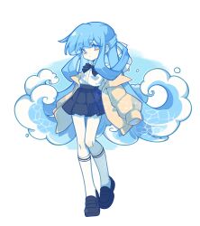 Rule 34 | 1girl, absurdres, black bow, black bowtie, black footwear, blue background, blue eyes, blue hair, bow, bowtie, collared shirt, expressionless, foot up, full body, hair rings, highres, jacket, kneehighs, liquid hair, loafers, long hair, long sleeves, off shoulder, original, school uniform, shirt, shoes, sleeves past fingers, sleeves past wrists, socks, solo, two-tone background, watermark, white background, white shirt, white socks, xianyudian laoban, yellow jacket