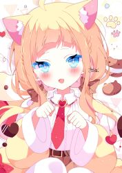 Rule 34 | 1girl, amato ui, animal ears, belt, blonde hair, blue eyes, cat ears, cat girl, chestnut mouth, commission, fang, highres, indie virtual youtuber, necktie, open mouth, paw pose, red necktie, shirt, skeb commission, skin fang, solo, suisei 1121, upper body, virtual youtuber, white shirt