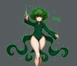 Rule 34 | 1girl, breasts, covered navel, curly hair, green eyes, green hair, grey background, highres, hip focus, one-punch man, short hair, simple background, small breasts, solo, tatsumaki, the golden smurf, thick thighs, thighs