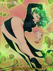 Rule 34 | 1boy, 1girl, 1990s (style), artist name, ass, black dress, bluethebone, breasts, curly hair, dress, english text, green eyes, green hair, highres, looking at viewer, matching hair/eyes, medium breasts, medium hair, one-punch man, parted lips, patreon username, perky breasts, saitama (one-punch man), shoes, tagme, tatsumaki, turning head