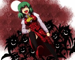 Rule 34 | 1girl, ascot, breasts, crazy eyes, dutch angle, female focus, flower, glowing, glowing eyes, green hair, grin, kazami yuuka, large breasts, laughing, plaid, plaid skirt, plaid vest, red eyes, reon (pixiv), reon (saikyou), short hair, silhouette, skirt, skirt set, smile, solo, sunflower, thighhighs, touhou, vest