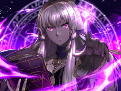 Rule 34 | 1girl, black dress, book, closed mouth, delsaber, dress, fingernails, fire emblem, fire emblem: three houses, gold trim, holding, holding book, long hair, looking at viewer, lysithea von ordelia, magic, magic circle, multicolored clothes, nintendo, open book, pink eyes, purple dress, reaching, reaching towards viewer, solo, two-tone dress, veil, very long hair, white hair, white sleeves