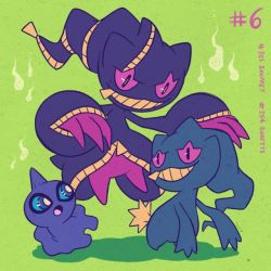 Rule 34 | banette, character name, commentary, creature, creatures (company), english commentary, floating, full body, game freak, gen 3 pokemon, ghost, green background, grin, inktober, looking at another, mega banette, mega pokemon, nintendo, no humans, pokedex number, pokemon, pokemon (creature), shuppet, simple background, smile, tonestarr