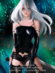 Rule 34 | android, armlet, black shorts, blue eyes, elbow gloves, gloves, highres, joints, long hair, mole, mole under mouth, nefrubi, nier (series), nier:automata, pink lips, robot joints, short shorts, shorts, silver hair, sword, sword behind back, tank top, weapon, a2 (nier:automata)