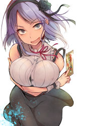 Rule 34 | 10s, 1girl, bare shoulders, bra, bra visible through clothes, breast hold, breasts, bursting breasts, card, crazy eyes, dagashi kashi, female focus, flower, hair flower, hair ornament, hair ribbon, hairband, large breasts, looking at viewer, open mouth, paint splatter, pochi (pochi-goya), purple hair, ribbon, rose, see-through, shidare hotaru, skirt, smile, solo, underwear