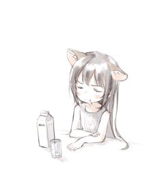 Rule 34 | 1girl, animal ears, cat ears, cat tail, child, cigarette, cup, drinking glass, closed eyes, female focus, highres, long hair, milk, milk carton, nenena, original, silver hair, sleeveless, smoking, solo, table, tail