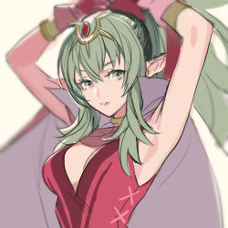 Rule 34 | 1girl, armpits, arms up, bracelet, breasts, cape, cleavage, collar, commentary request, dress, fire emblem, fire emblem awakening, gloves, green eyes, green hair, hair between eyes, hair ornament, high collar, jewelry, lips, long hair, looking at viewer, medium breasts, nintendo, p-nekor, parted lips, pink lips, pointy ears, ponytail, red dress, red gloves, sidelocks, simple background, sleeveless, sleeveless dress, solo, tiki (adult) (fire emblem), tiki (fire emblem), tying hair, upper body, white cape
