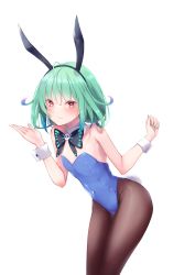 Rule 34 | 1girl, ahoge, animal ears, bare shoulders, blue hair, blue leotard, blush, bow, bowtie, breasts, closed mouth, covered navel, detached collar, fake animal ears, fake tail, gradient hair, green hair, green nails, highres, hololive, ichi-go, leotard, looking at viewer, multicolored hair, nail polish, pantyhose, playboy bunny, rabbit ears, rabbit tail, red eyes, short hair, simple background, small breasts, smile, solo, strapless, strapless leotard, tail, uruha rushia, virtual youtuber, white background, wrist cuffs
