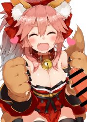 Rule 34 | 1girl, ^ ^, animal ears, blush, bow, breasts, carrot, cleavage, closed eyes, fang, fate/grand order, fate (series), fox ears, fox tail, hair bow, heart, kou mashiro, large breasts, long hair, open mouth, pink hair, saliva, sexually suggestive, simple background, smile, solo, tail, tamamo (fate), tamamo cat (fate), tamamo cat (first ascension) (fate), tamamo no mae (fate/extra), white background