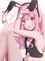 Rule 34 | 1other, :o, akiyama mizuki, alternate costume, alternate hairstyle, animal ears, blush, commentary request, cropped shirt, cropped vest, fake animal ears, fishnet pantyhose, fishnets, hinata mizuiro, looking at viewer, nontraditional playboy bunny, pantyhose, pink background, pink eyes, pink hair, project sekai, rabbit ears, shirt, solo, two-tone background, vest, white background, white shirt, white wrist cuffs, wrist cuffs