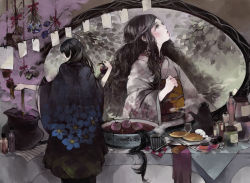 Rule 34 | 2girls, apple, bad id, bad pixiv id, black hair, bottle, braid, cauldron, cup, cutting hair, eyelashes, floral print, flower, food, fork, from behind, fruit, holding, holding food, holding fruit, holding hair, indoors, japanese clothes, jar, kimono, knife, leaf, long hair, looking up, mirror, multiple girls, nekosuke (oxo), obi, original, pancake, paper, plate, poison, pot, profile, reflection, ribbon, rose, sash, smoke, snow white, snow white and the seven dwarfs, standing, steam, very long hair, wavy hair, witch