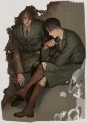 Rule 34 | 1boy, 1other, black hair, boots, chino1048, clenched hand, coat, crossed legs, expressionless, frown, full body, hange zoe, highres, levi (shingeki no kyojin), looking at viewer, military uniform, paradis military uniform, shingeki no kyojin, side-by-side, sideways glance, sitting, uniform