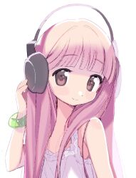 Rule 34 | 1girl, bangle, bare shoulders, blunt bangs, blush, bracelet, brown eyes, camisole, headphones, highres, jewelry, lisa (faeuna), long hair, looking at viewer, original, pink hair, simple background, sleeveless, smile, solo, upper body, white background, white camisole