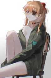 Rule 34 | 1girl, absurdres, bare shoulders, blue eyes, breasts, brown hair, chair, cleavage, collar, collarbone, commentary, evangelion: 3.0+1.0 thrice upon a time, eyepatch, green jacket, hair between eyes, hair ornament, highres, jacket, leg up, legs, long hair, long sleeves, looking at viewer, naked jacket, neon genesis evangelion, oyuyu, parted lips, rebuild of evangelion, simple background, sitting, solo, souryuu asuka langley, two side up, white background