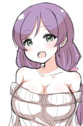 Rule 34 | 1girl, :d, bare shoulders, blush, breasts, cleavage, commentary request, green eyes, head tilt, large breasts, long hair, looking at viewer, love live!, love live! school idol project, low twintails, malice stella, no bra, open mouth, purple hair, simple background, smile, solo, sweater, sweater vest, tojo nozomi, twintails, upper body, white background, white sweater