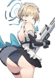 Rule 34 | 1girl, apron, ass, assault rifle, black dress, blonde hair, blue archive, blue eyes, bullpup, caseless firearm, closed mouth, dress, elbow gloves, from behind, gloves, gun, h&amp;k g11, halo, highres, holding, holding gun, holding weapon, kildir, looking back, maid headdress, prototype design, rifle, simple background, sniper rifle, solo, standing, thigh strap, toki (blue archive), weapon, white apron, white background, wind, wind lift