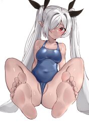 Rule 34 | 1girl, absurdres, bare legs, bare shoulders, barefoot, black ribbon, blue archive, blush, breasts, cameltoe, closed mouth, collarbone, covered navel, dark-skinned female, dark skin, feet, female focus, frontal wedgie, full body, hair over one eye, hair ribbon, highres, iori (blue archive), long hair, looking at viewer, nisage, one-piece swimsuit, one eye covered, partially submerged, pointy ears, red eyes, ribbon, shiny skin, sidelocks, simple background, sitting, small breasts, soles, spread legs, swimsuit, thighs, toes, twintails, very long hair, white background, white hair