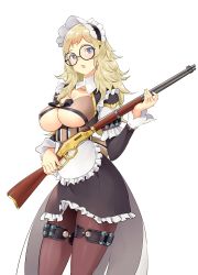 Rule 34 | 1girl, absurdres, alternate costume, apron, blonde hair, blue eyes, bow, breast cutout, breasts, center opening, commission, commissioner upload, constantia s2, constantia s2 (cosplay), cosplay, fire emblem, fire emblem fates, frills, glasses, gun, headdress, highres, holding, holding gun, holding weapon, igni tion, large breasts, last origin, long hair, maid apron, maid headdress, nintendo, open mouth, ophelia (fire emblem), pantyhose, rifle, round eyewear, skirt, solo, thighhighs, underboob, upper body, weapon, white background, winchester model 1887