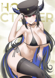 1girl absurdres bikini black_bikini black_choker black_hair black_nails black_thighhighs blue_hair choker closed_mouth colored_inner_hair demon_horns hat highres hololive hololive_english horns looking_at_viewer mole mole_under_eye multicolored_hair navel nerissa_ravencroft peaked_cap rebelium red_eyes solo stomach strap_gap swimsuit thighhighs two-tone_hair virtual_youtuber