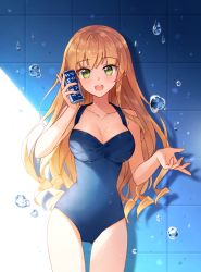 Rule 34 | 1girl, :d, bad id, bad pixiv id, blue one-piece swimsuit, breasts, can, cleavage, cowboy shot, day, energy drink, green eyes, holding, holding can, light brown hair, long hair, mameris2, medium breasts, narrow waist, one-piece swimsuit, open mouth, smile, solo, standing, swimsuit, tile wall, tiles, water drop