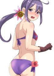Rule 34 | 1girl, akebono (kancolle), akebono kai ni (kancolle), alternate costume, ass, bell, bikini, breasts, brown gloves, flower, gloves, hair bell, hair flower, hair ornament, highres, jingle bell, kantai collection, long hair, purple bikini, purple eyes, purple hair, side ponytail, simple background, small breasts, solo, standing, swimsuit, tirasi (so), white background