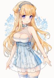 Rule 34 | 1girl, absurdres, alternate costume, bare shoulders, blonde hair, blue eyes, blue flower, blush, bracelet, breasts, cleavage, collarbone, cowboy shot, fletcher (kancolle), flower, grey background, hair bun, highres, jewelry, kantai collection, large breasts, long hair, malachite, parted lips, side bun, simple background, single side bun, solo, star (symbol), teeth, thighhighs, upper teeth only, white thighhighs