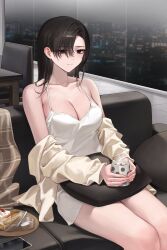 1girl bare_legs bare_shoulders black_eyes black_hair breasts cake cake_slice camisole cellphone cleavage closed_mouth clothes_down collarbone commentary_request couch cup food highres holding holding_cup hot_chocolate indoors large_breasts legs light_smile long_hair on_couch original phone sabotensuteeki sitting smartphone solo white_camisole