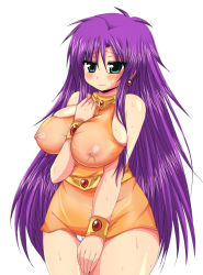Rule 34 | 1girl, afuro, bare shoulders, blush, breasts, cosplay, earrings, faris scherwiz, female focus, final fantasy, final fantasy v, green eyes, jewelry, large breasts, lenna charlotte tycoon, lenna charlotte tycoon (cosplay), long hair, panties, pantyshot, purple hair, see-through, sideboob, simple background, solo, sweat, underwear, white background, white panties, wristband