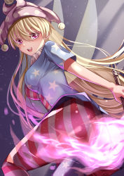 Rule 34 | 1girl, absurdres, american flag, american flag pants, american flag print, american flag shirt, ass, blonde hair, blue shirt, blue sleeves, blush, breasts, clownpiece, fairy wings, fire, flag print, flying, from behind, gradient background, hair between eyes, hat, highres, jester cap, light, long hair, looking at viewer, mahoro (minase mahoro), medium breasts, multicolored clothes, multicolored pants, multicolored shirt, neck ruff, open mouth, pants, pantyhose, pink eyes, pink fire, polka dot, print pants, print shirt, purple background, purple eyes, purple hat, red pants, red shirt, shadow, shirt, short sleeves, smile, solo, star (symbol), star print, striped clothes, striped pants, striped shirt, teeth, tongue, torch, touhou, white pants, white shirt, wings