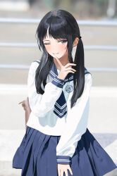 Rule 34 | 1girl, ;), absurdres, alternate costume, black hair, blue skirt, blurry, blurry background, blush, commentary, finger to own chin, highres, idolmaster, idolmaster shiny colors, kazano hiori, long hair, long sleeves, looking at viewer, mole, mole under mouth, one eye closed, outdoors, pdal (pdalhhh), school uniform, serafuku, shirt, sidelocks, skirt, smile, solo, twintails, white shirt