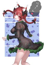 Rule 34 | 1girl, absurdres, animal ear fluff, animal ears, ass, black dress, braid, breasts, cat ears, dress, fang, feet out of frame, fingernails, frilled dress, frills, highres, kaenbyou rin, kneepits, large breasts, long hair, nail polish, open mouth, pointy ears, red eyes, red hair, red nails, smile, solo, sugar you, touhou, twin braids