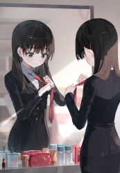 Rule 34 | 1girl, black eyes, black hair, black skirt, black suit, bottle, collared shirt, commentary, cosmetics, dress shirt, dustea, formal, from behind, glass bottle, hair behind ear, hair ornament, hair over shoulder, hairpin, highres, indoors, jacket, long hair, long sleeves, looking at mirror, looking at object, looking down, mirror, original, pencil skirt, perfume (cosmetics), perfume bottle, lipstick tube, red tie, reflection, shirt, skirt, solo, suit, suit jacket, sunlight, tying necktie, upper body, white shirt
