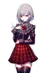Rule 34 | 1girl, artist name, black choker, black shirt, black thighhighs, chinese commentary, choker, commentary request, cowboy shot, grey hair, highres, long sleeves, looking at viewer, miniskirt, nail polish, original, plaid, plaid skirt, red eyes, red nails, red skirt, sheya, shirt, short hair, signature, simple background, skirt, solo, standing, thighhighs, white background, zettai ryouiki