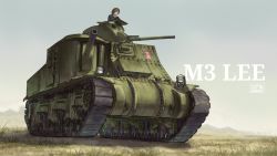 Rule 34 | 1girl, absurdres, binoculars, brown eyes, brown hair, caterpillar tracks, commentary, commentary request, dated, day, emblem, english commentary, girls und panzer, grass, highres, hill, m3 lee, military, military vehicle, motor vehicle, ooarai military uniform, sawa azusa, short hair, sky, solo, tank, useless (gss44344)