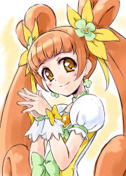 Rule 34 | 1girl, bow, brooch, brown eyes, brown hair, choker, cure rosetta, dokidoki! precure, double bun, earrings, flower, hair bun, hair flower, hair ornament, heart, heart brooch, jewelry, long hair, looking at viewer, magical girl, own hands together, precure, ribbon, satogo, smile, solo, twintails, waist bow, wrist cuffs, yotsuba alice
