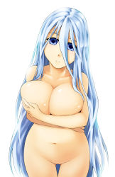 Rule 34 | 1girl, absurdres, alto-00, blue eyes, blue hair, breast hold, breasts, highres, kisara (yu-gi-oh!), large breasts, long hair, matching hair/eyes, navel, nude, solo, uncensored, very long hair, white hair, yu-gi-oh!, yu-gi-oh! duel monsters