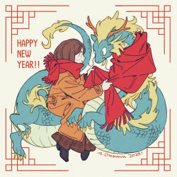 Rule 34 | 1girl, 2024, adjusting clothes, adjusting scarf, artist name, brown hair, brown skirt, chinese zodiac, closed mouth, coat, dated, dragon, eastern dragon, english text, full body, hands up, happy new year, highres, long coat, long sleeves, looking at another, new year, orange coat, original, otokawa akari, plaid, plaid skirt, pleated skirt, red scarf, scarf, sitting, skirt, smile, solo, year of the dragon