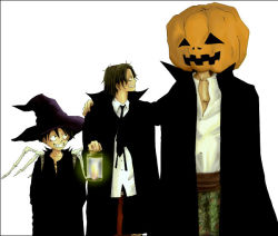 Rule 34 | 3boys, black cape, black hair, black necktie, brothers, cape, facing viewer, halloween, hat, height difference, holding, holding lantern, jack-o&#039;-lantern, lantern, looking at another, male focus, monkey d. luffy, multiple boys, necktie, one piece, partially unbuttoned, portgas d. ace, shanks (one piece), shirt, siblings, simple background, standing, white background, white shirt, wings, witch hat