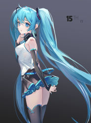 Rule 34 | 1girl, absurdres, ass, bare shoulders, black background, black skirt, black thighhighs, blue eyes, blue hair, blue nails, breasts, cowboy shot, detached sleeves, ear piercing, from behind, gradient background, grey background, hatsune miku, headphones, headphones around neck, highres, long hair, long sleeves, looking at viewer, looking back, medium breasts, miniskirt, mtzgd, nail polish, number tattoo, parted lips, piercing, shirt, shoulder tattoo, skirt, solo, tattoo, thighhighs, twintails, very long hair, vocaloid, white shirt