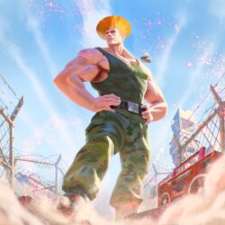 Rule 34 | american flag, barbed wire, blue sky, boombox, camouflage, camouflage pants, fence, guile, highres, impossible hair, muscular, muscular male, pants, sky, street fighter, tank top, tattoo
