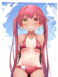 Rule 34 | 1girl, absurdres, aged down, bikini, blush, breasts, hair ribbon, heterochromia, highres, hololive, houshou marine, houshou marine (summer), large breasts, long hair, looking at viewer, navel, one-piece tan, open mouth, pepushi drow, red eyes, red hair, ribbon, smile, solo, swimsuit, tan, tanline, twintails, virtual youtuber, yellow eyes