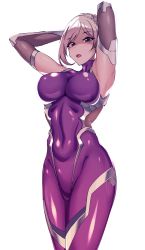 Rule 34 | 1girl, armpits, arms behind head, bodysuit, breasts, covered navel, highres, latex, latex bodysuit, looking at viewer, open mouth, pointy ears, purple eyes, purple hair, shaded face, simple background, solo, taimanin (series), taimanin suit, volyz, white background