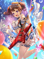 Rule 34 | 1girl, :d, aerial fireworks, alternate hairstyle, ankle ribbon, arm ribbon, arm scrunchie, balloon, bang dream!, blouse, blue background, blue shirt, blue skirt, blush, bow, bowtie, breasts, brown hair, bubble, commentary request, confetti, cowboy shot, crop top, earrings, electric guitar, esp guitars, fireworks, frilled skirt, frilled sleeves, frills, gradient background, guitar, hair ornament, hat, high heels, highres, holding, holding instrument, holding plectrum, iku2727, instrument, jewelry, leg ribbon, lights, looking at viewer, medium breasts, midriff, mini hat, navel, open mouth, plaid, plaid shirt, plaid skirt, plectrum, polka dot neckwear, profile, purple eyes, red footwear, ribbon, shirt, sidelocks, skirt, sleeveless, sleeveless shirt, smile, solo, standing, standing on one leg, star (symbol), star earrings, star hair ornament, strap, suspender skirt, suspenders, teeth, thighhighs, toyama kasumi, twintails, upper teeth only, white thighhighs