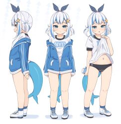 Rule 34 | 1girl, :&lt;, alternate costume, arm behind back, black buruma, blue eyes, blue hair, blue jacket, blunt bangs, bottle, bow, breasts, buruma, cameltoe, chestnut mouth, cleft of venus, clothes lift, collarbone, commentary, english commentary, expressionless, fins, fish tail, full body, gawr gura, gym uniform, hair bow, hair ornament, hair ribbon, hairband, highres, holding, holding bottle, hololive, hololive english, jacket, long sleeves, looking at viewer, looking down, midriff, midriff peek, multicolored hair, multiple views, navel, open clothes, open jacket, profile, revision, ribbon, shark girl, shark tail, shirt, shirt lift, shoes, short sleeves, sidelocks, simple background, sleeves past wrists, small breasts, sneakers, standing, star (symbol), star hair ornament, streaked hair, tail, tenroy, track jacket, two side up, underwear, virtual youtuber, white background, white footwear, white shirt