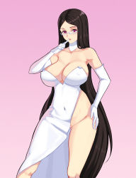 Rule 34 | 1girl, 47 hard, black hair, breasts, challengia, cleavage, collarbone, crotch, dress, glasses, gloves, highres, large breasts, lawchan, long hair, mature female, nchans, nchans style, no panties, open mouth, pink background, pink eyes, solo, standing, very long hair, white dress, white gloves