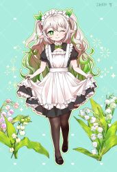 Rule 34 | 1girl, ;), alternate costume, alternate hairstyle, apron, aqua background, black footwear, black pantyhose, clothes lift, commentary request, enmaided, flower, frilled apron, frills, full body, genshin impact, gradient hair, green eyes, hair between eyes, highres, lifted by self, lily (flower), long hair, looking at viewer, maid, maid apron, maid headdress, mary janes, mata ashita, multicolored hair, nahida (genshin impact), one eye closed, pantyhose, pointy ears, shoes, short sleeves, sidelocks, simple background, skirt, skirt lift, smile, solo, standing, streaked hair, symbol-shaped pupils, two-tone hair, two side up, wavy hair, white hair